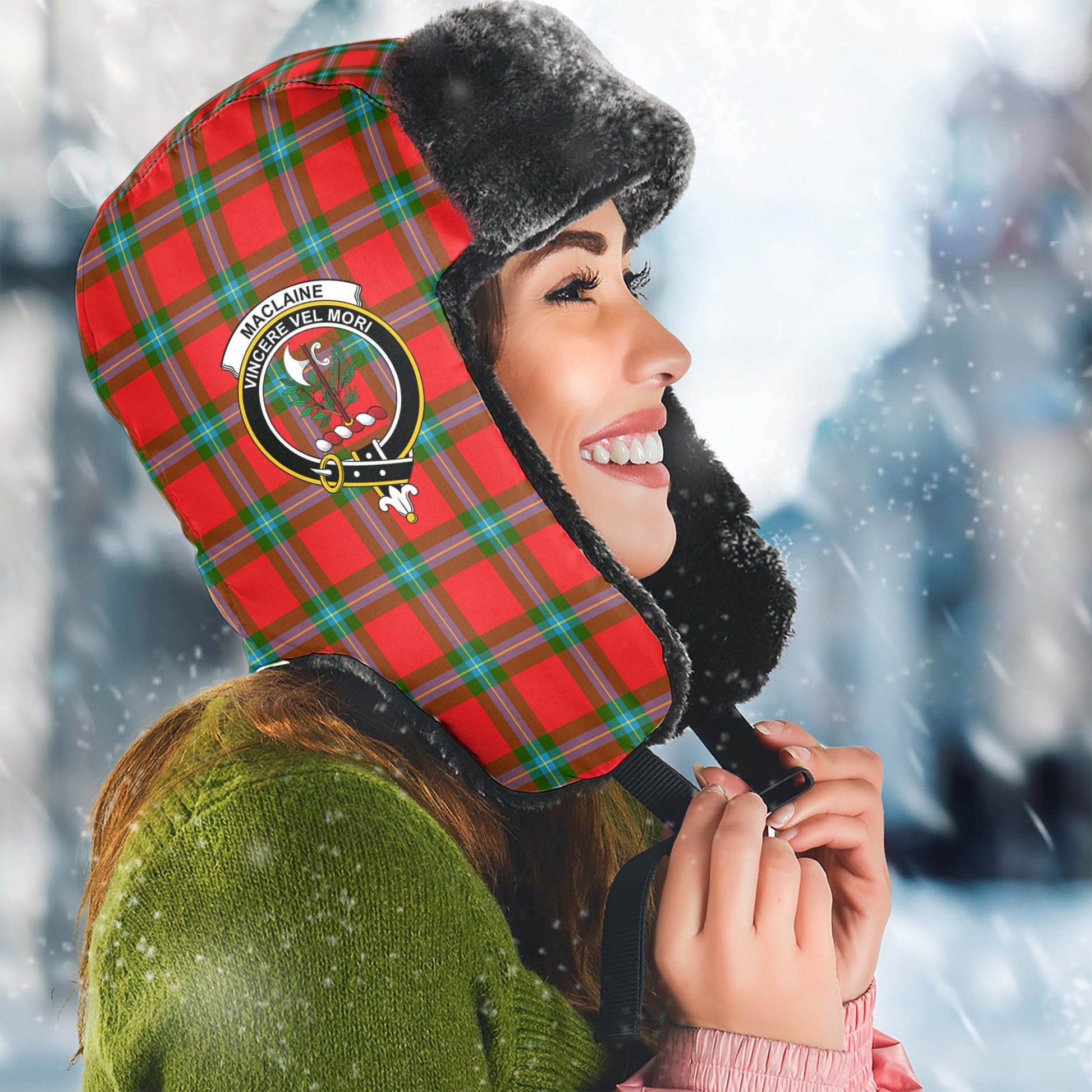 MacLaine of Loch Buie Tartan Winter Trapper Hat with Family Crest Winter Trapper Hat Universal Fit Circumference 22.8in (58cm) - Tartanvibesclothing