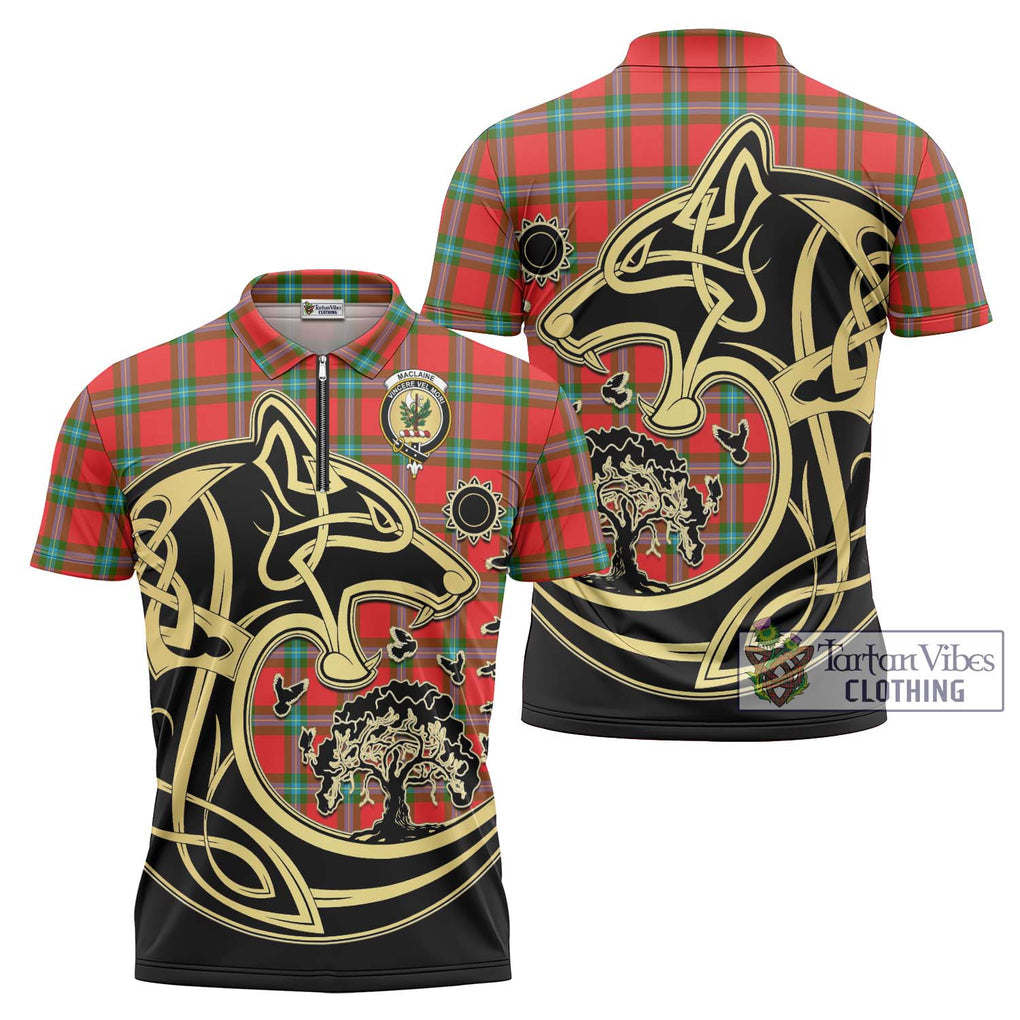 MacLaine (McLaine) Tartan Zipper Polo Shirt with Family Crest Celtic Wolf Style Unisex - Tartanvibesclothing Shop