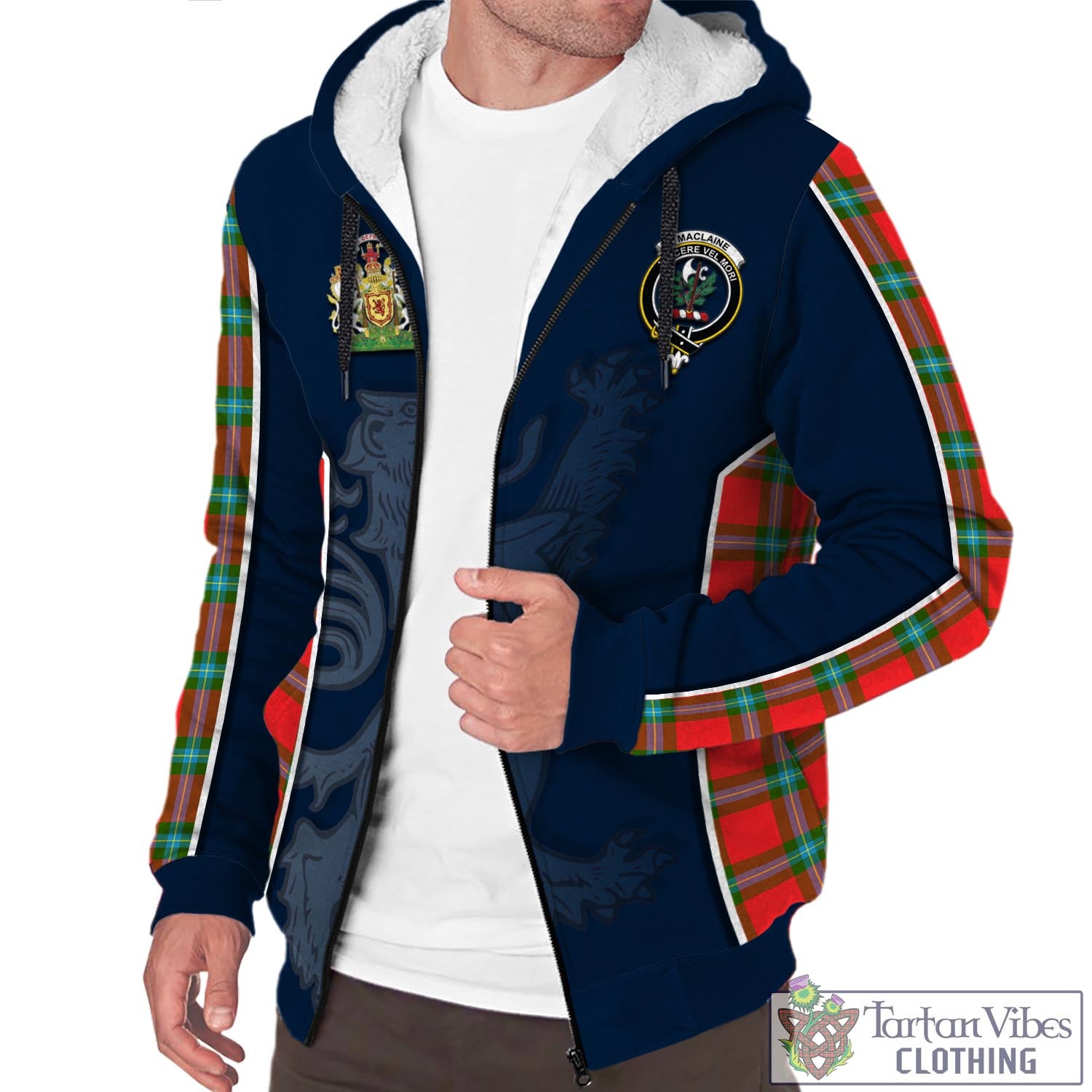 Tartan Vibes Clothing MacLaine of Loch Buie Tartan Sherpa Hoodie with Family Crest and Lion Rampant Vibes Sport Style