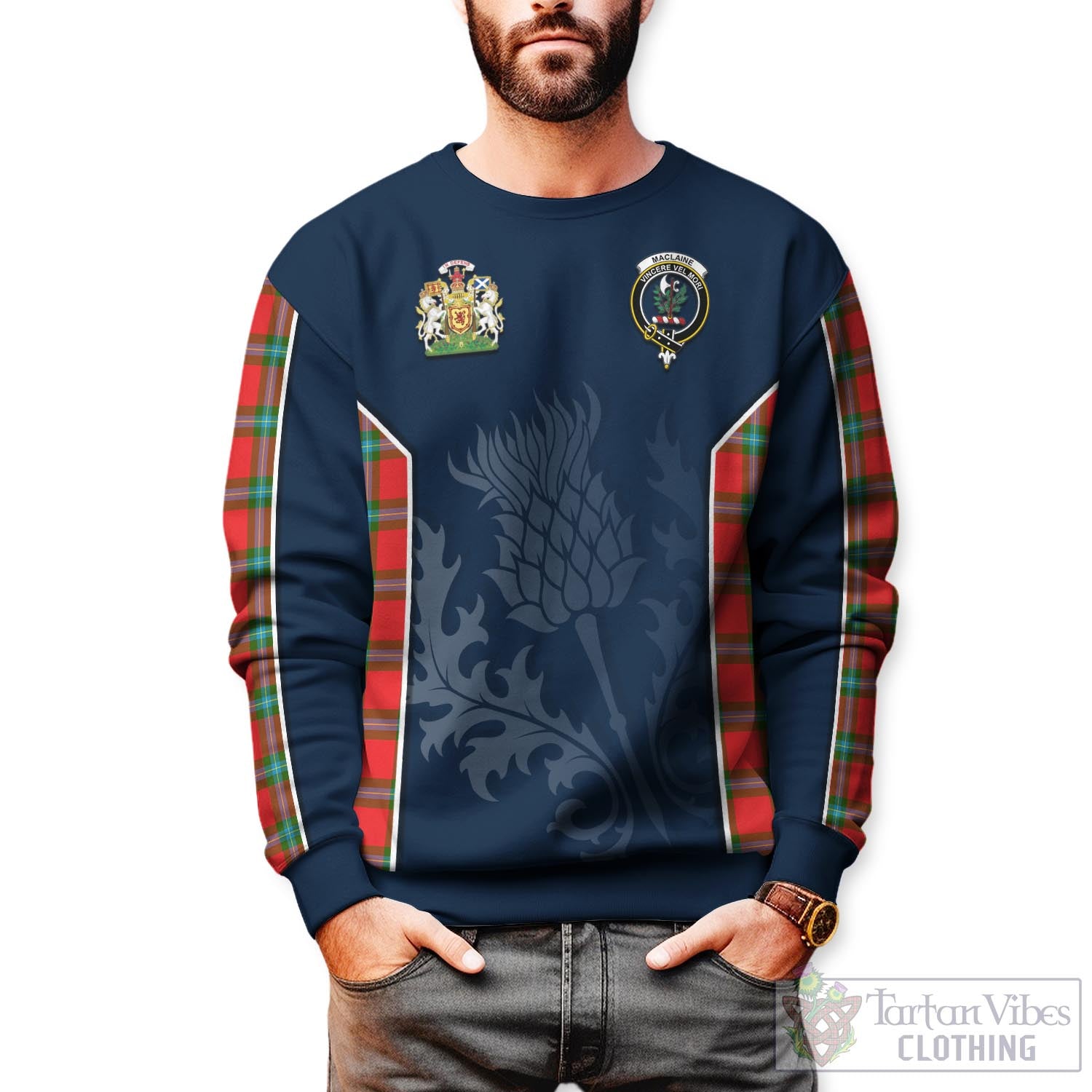 Tartan Vibes Clothing MacLaine of Loch Buie Tartan Sweatshirt with Family Crest and Scottish Thistle Vibes Sport Style