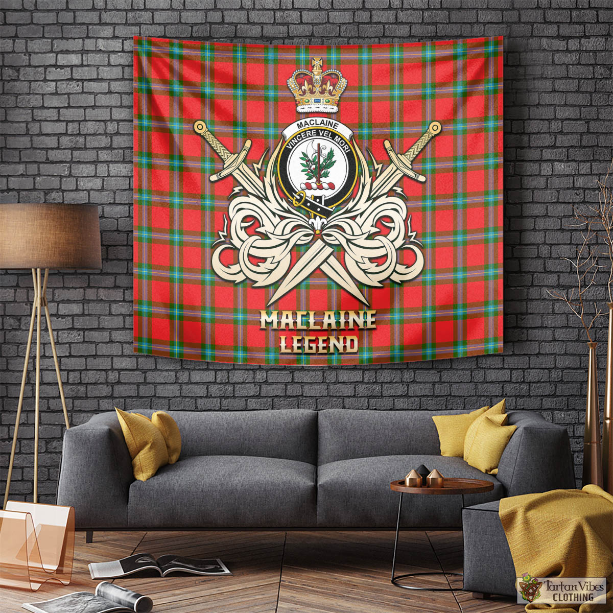 Tartan Vibes Clothing MacLaine of Loch Buie Tartan Tapestry with Clan Crest and the Golden Sword of Courageous Legacy