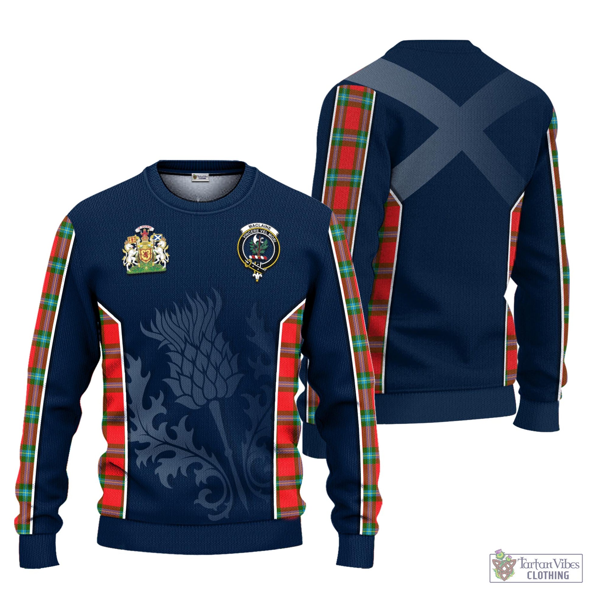 Tartan Vibes Clothing MacLaine of Loch Buie Tartan Knitted Sweatshirt with Family Crest and Scottish Thistle Vibes Sport Style