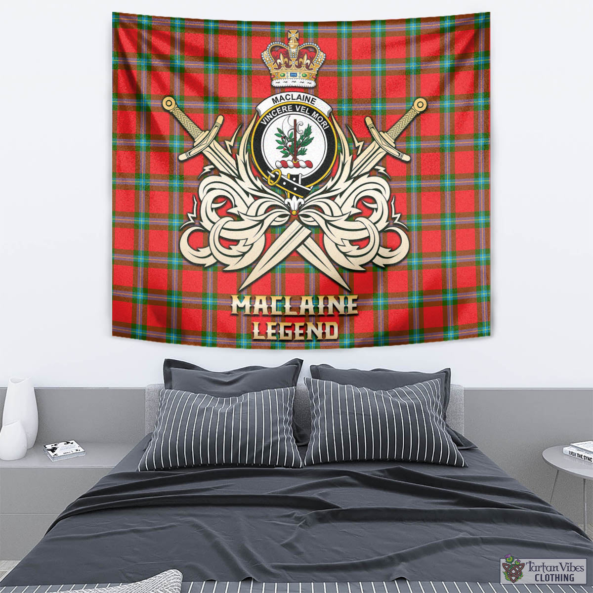 Tartan Vibes Clothing MacLaine of Loch Buie Tartan Tapestry with Clan Crest and the Golden Sword of Courageous Legacy