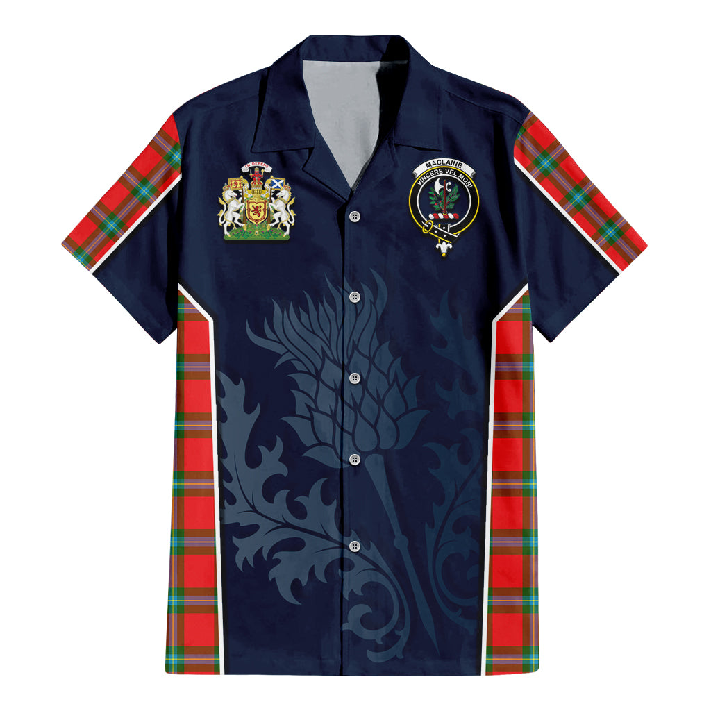 Tartan Vibes Clothing MacLaine of Loch Buie Tartan Short Sleeve Button Up Shirt with Family Crest and Scottish Thistle Vibes Sport Style