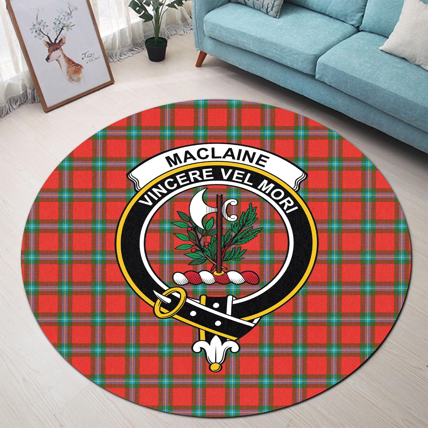 maclaine-of-loch-buie-tartan-round-rug-with-family-crest