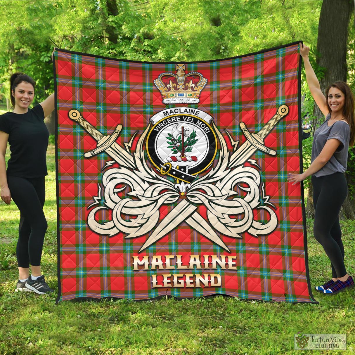 Tartan Vibes Clothing MacLaine of Loch Buie Tartan Quilt with Clan Crest and the Golden Sword of Courageous Legacy