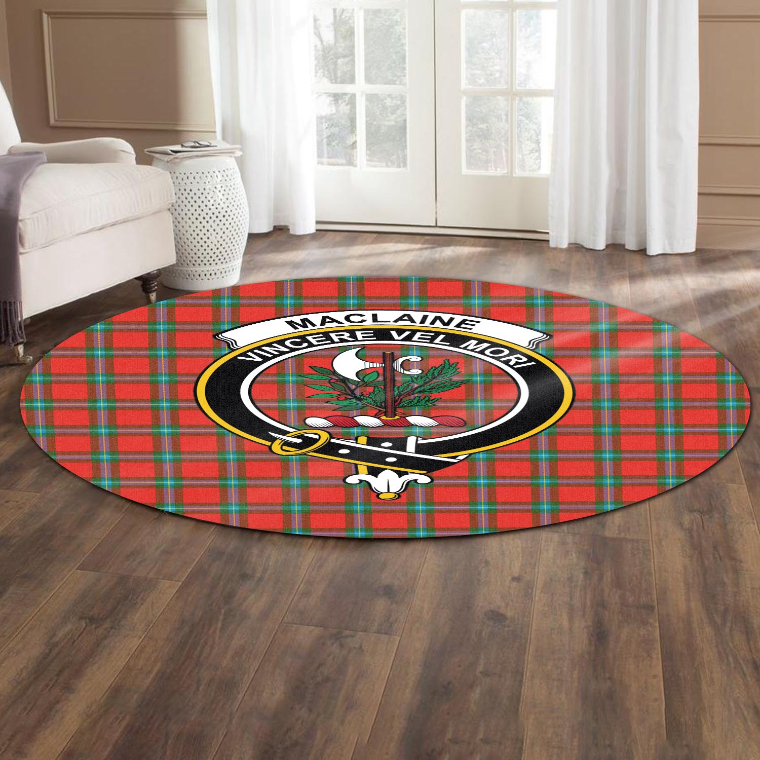 maclaine-of-loch-buie-tartan-round-rug-with-family-crest