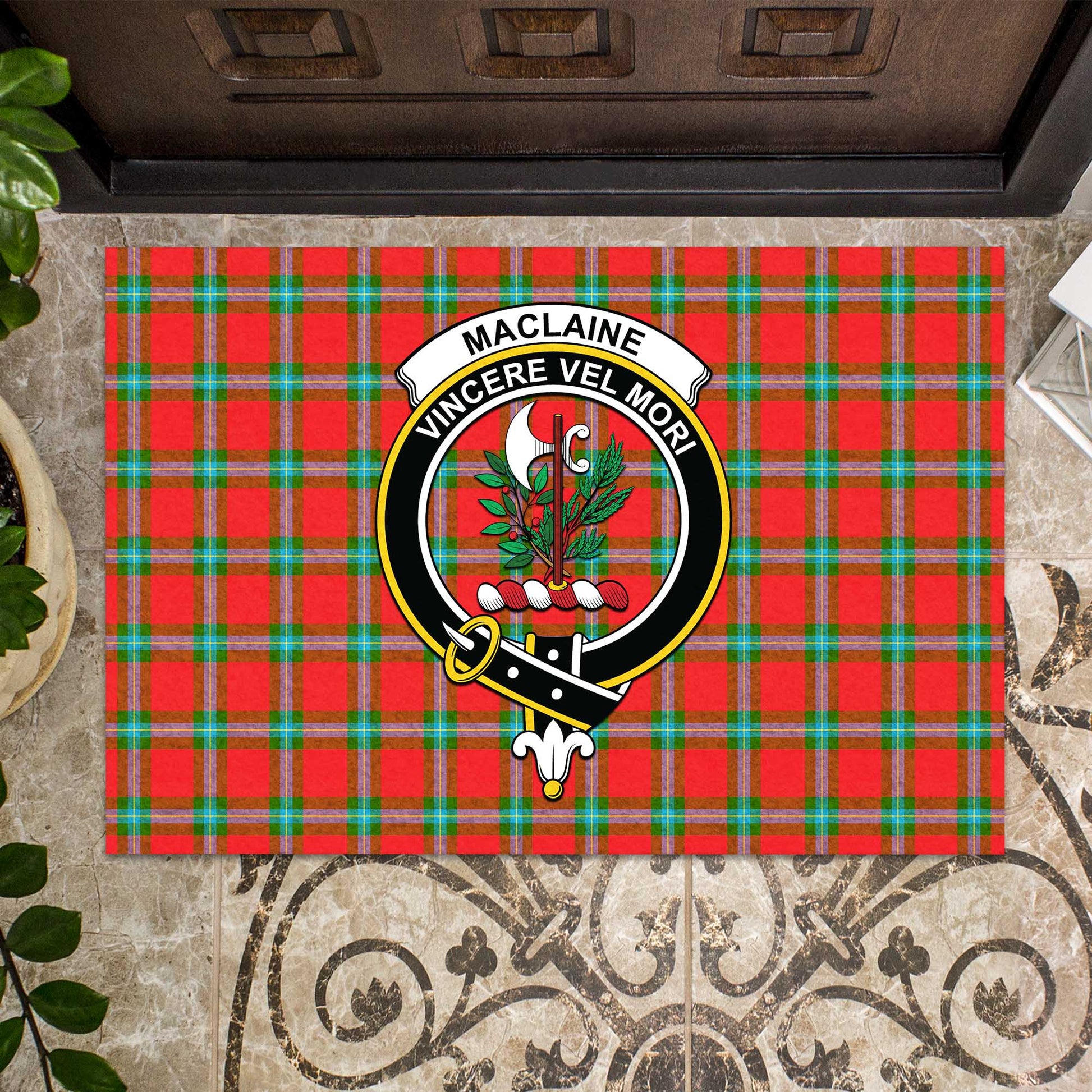 MacLaine of Loch Buie Tartan Door Mat with Family Crest - Tartanvibesclothing