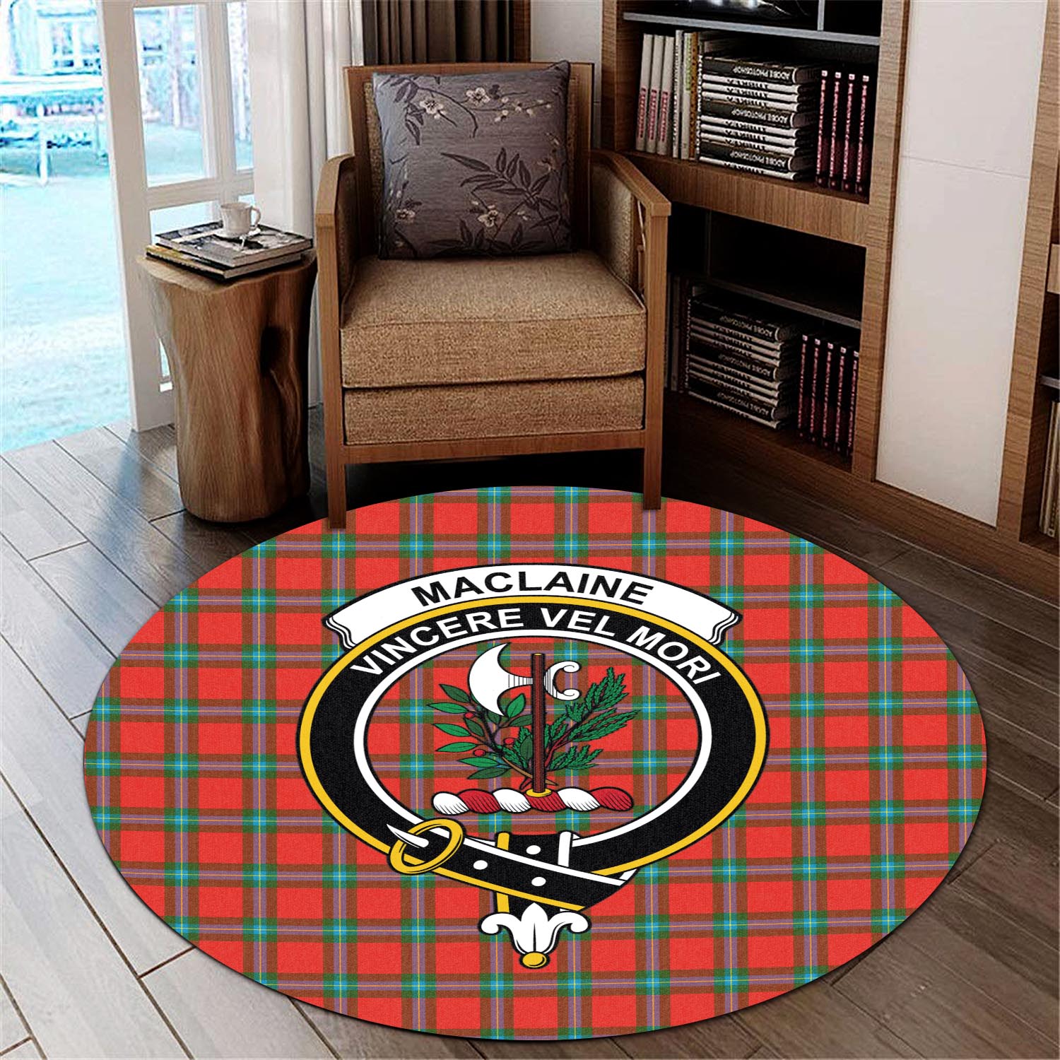 maclaine-of-loch-buie-tartan-round-rug-with-family-crest