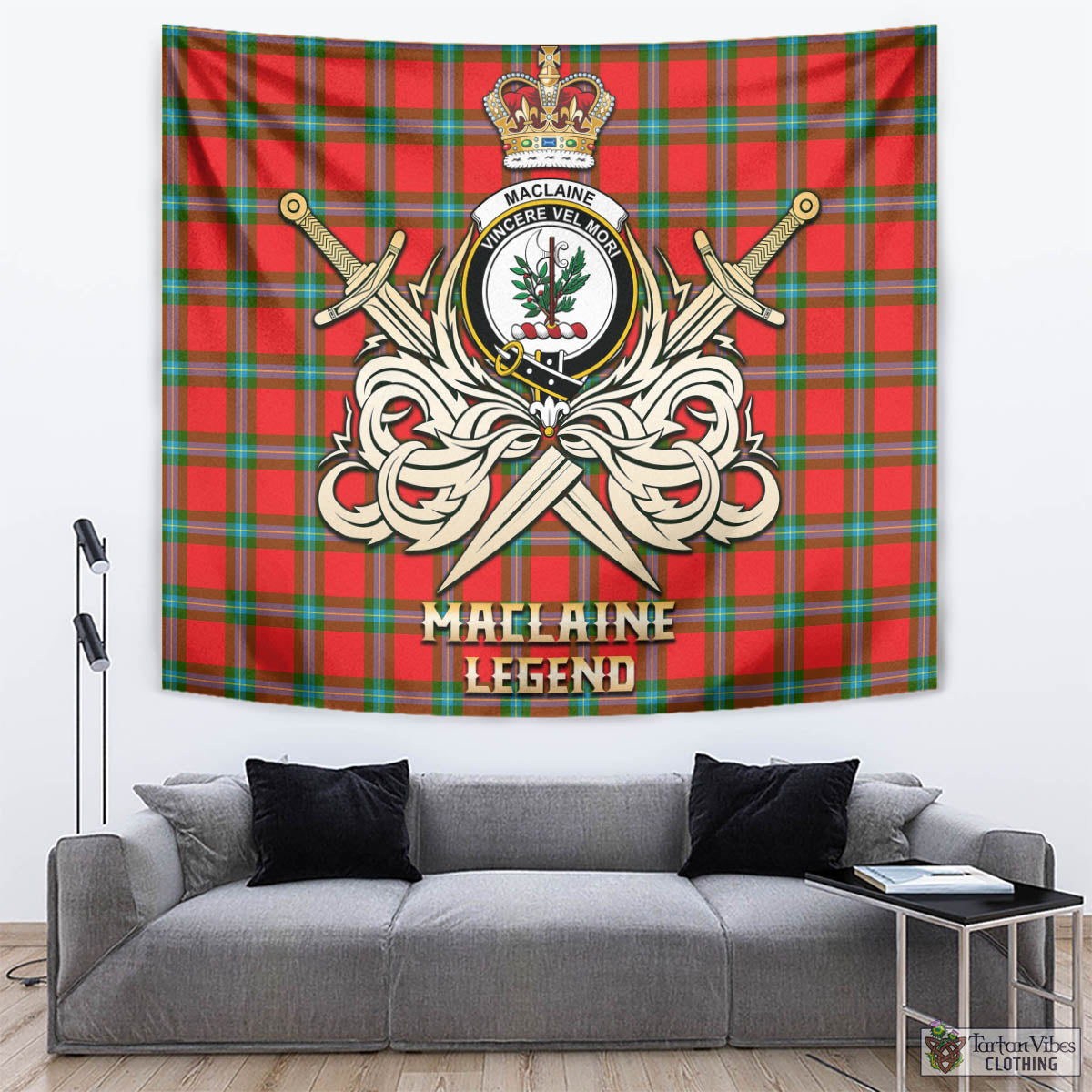 Tartan Vibes Clothing MacLaine of Loch Buie Tartan Tapestry with Clan Crest and the Golden Sword of Courageous Legacy