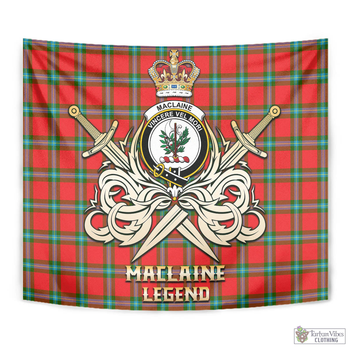 Tartan Vibes Clothing MacLaine of Loch Buie Tartan Tapestry with Clan Crest and the Golden Sword of Courageous Legacy