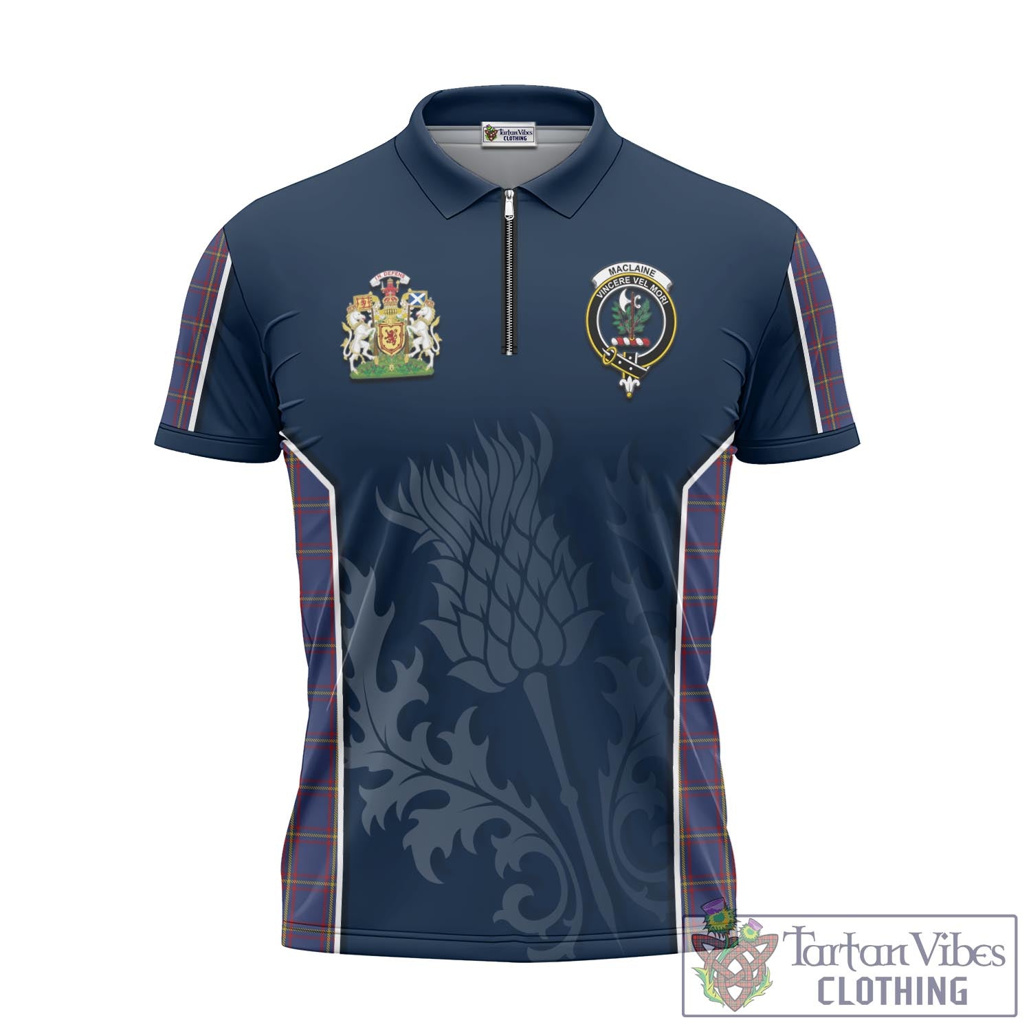 Tartan Vibes Clothing MacLaine of Lochbuie Tartan Zipper Polo Shirt with Family Crest and Scottish Thistle Vibes Sport Style