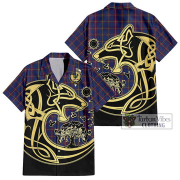 MacLaine of Lochbuie Tartan Short Sleeve Button Shirt with Family Crest Celtic Wolf Style