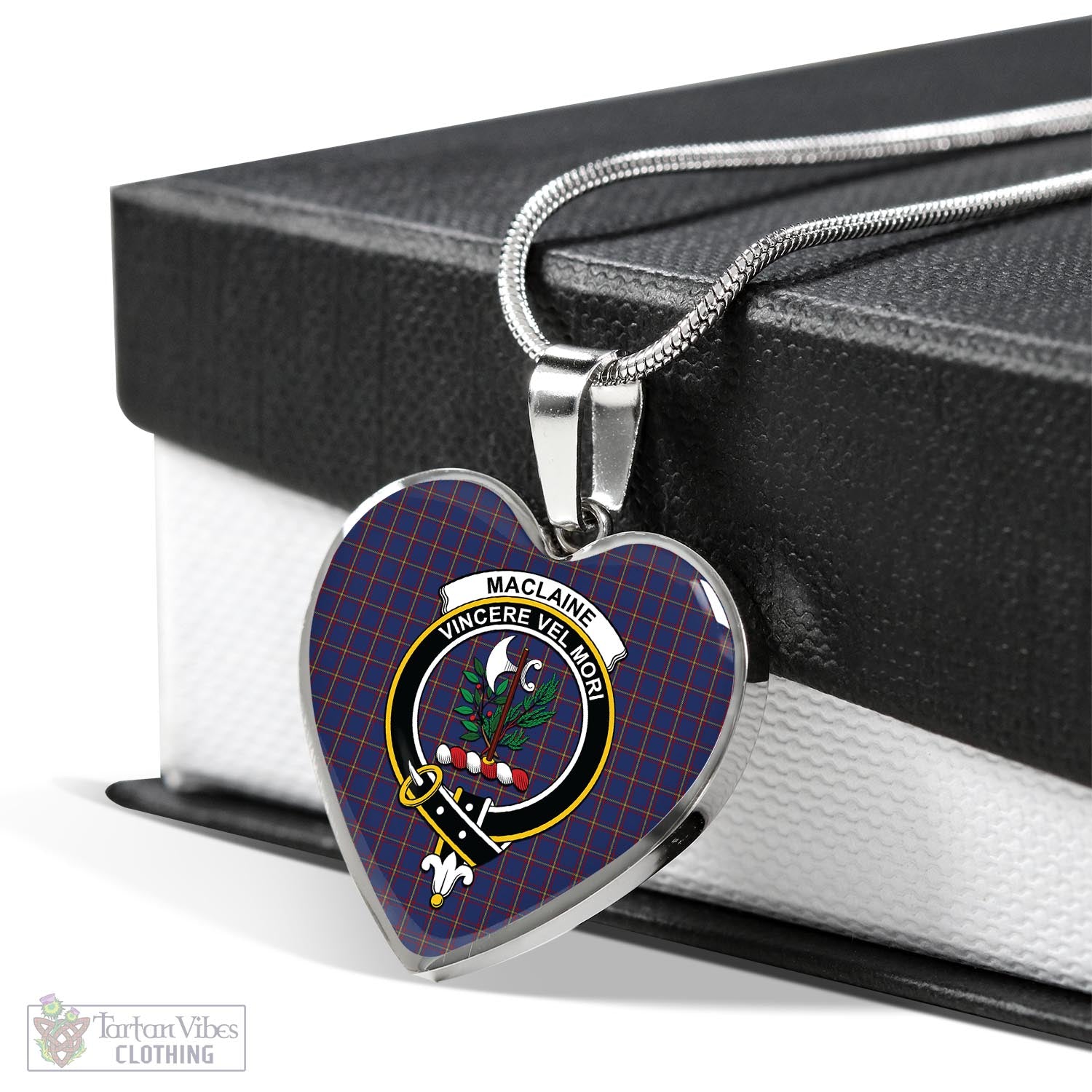 Tartan Vibes Clothing MacLaine of Lochbuie Tartan Heart Necklace with Family Crest