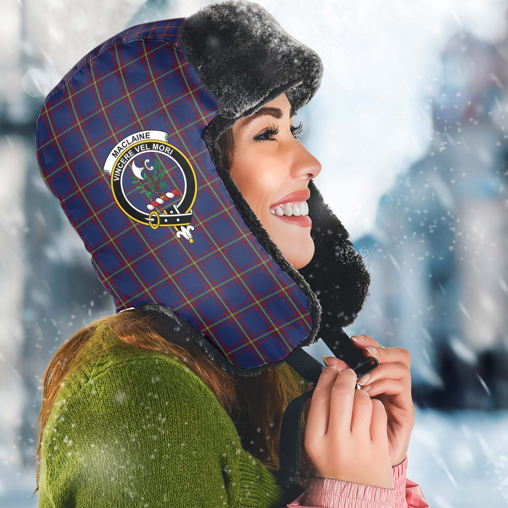 MacLaine of Lochbuie Tartan Winter Trapper Hat with Family Crest Winter Trapper Hat Universal Fit Circumference 22.8in (58cm) - Tartanvibesclothing