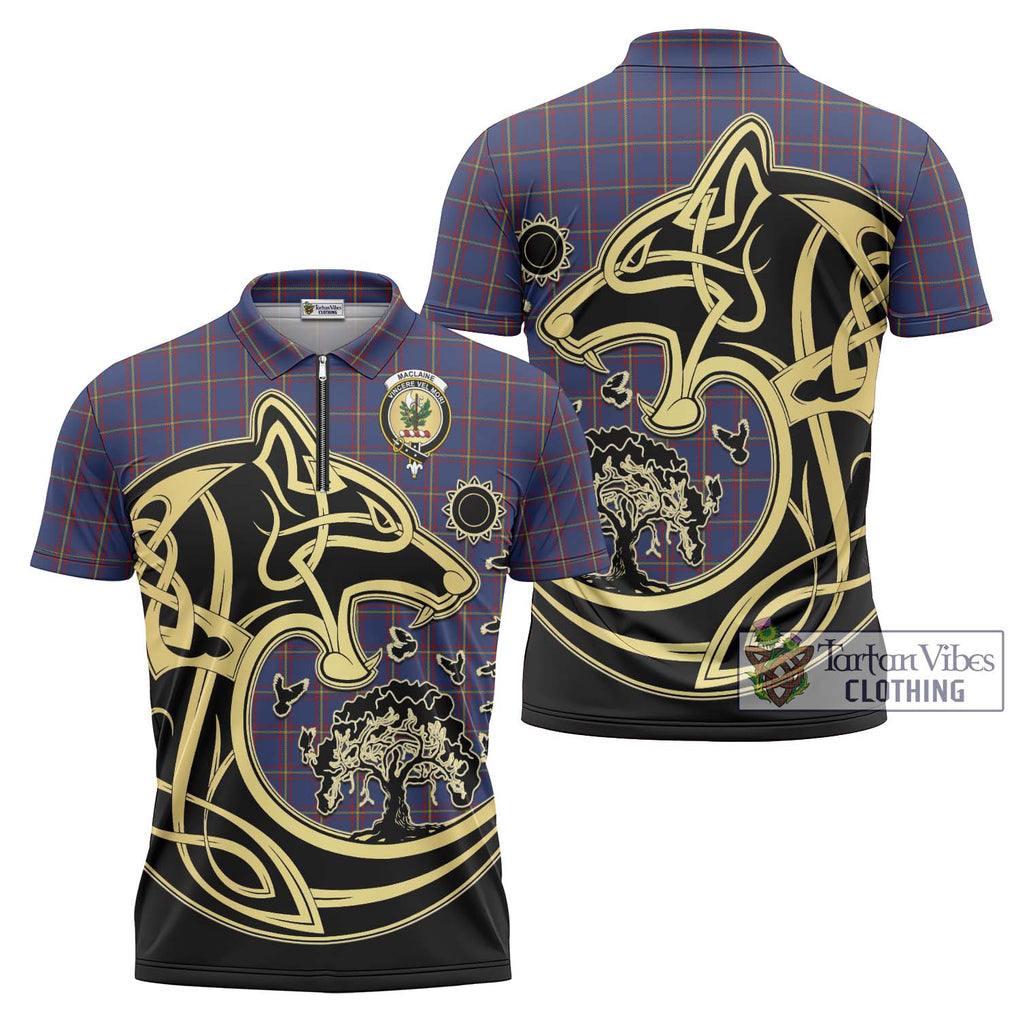 MacLaine of Lochbuie Tartan Zipper Polo Shirt with Family Crest Celtic Wolf Style Unisex - Tartanvibesclothing Shop