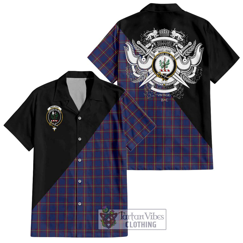 MacLaine of Lochbuie Tartan Short Sleeve Button Shirt with Family Crest and Military Logo Style Kid - Tartanvibesclothing Shop