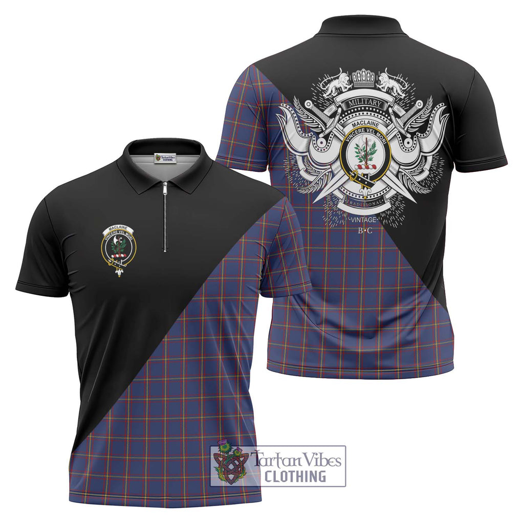 MacLaine of Lochbuie Tartan Zipper Polo Shirt with Family Crest and Military Logo Style Unisex - Tartanvibesclothing Shop