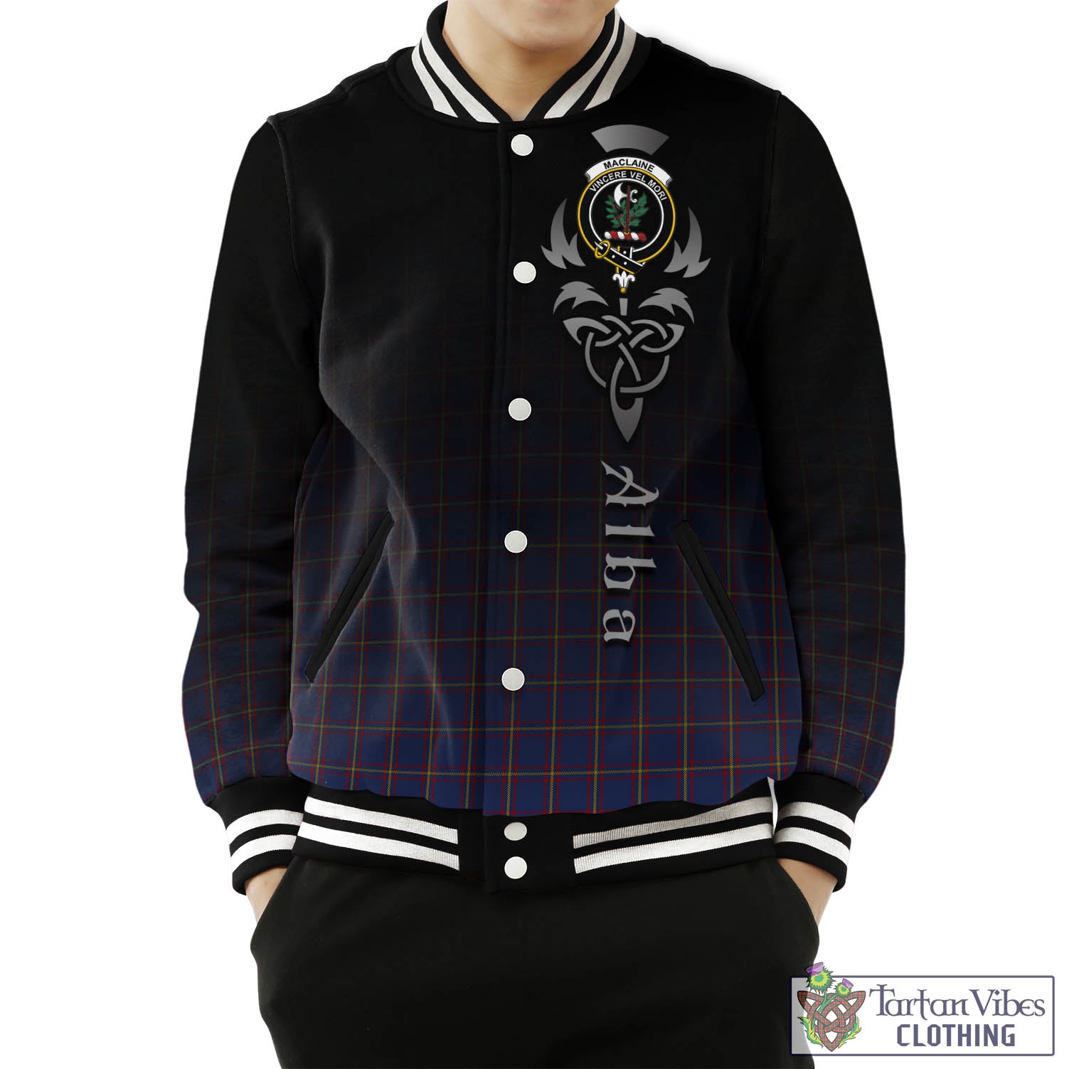 Tartan Vibes Clothing MacLaine of Lochbuie Tartan Baseball Jacket Featuring Alba Gu Brath Family Crest Celtic Inspired