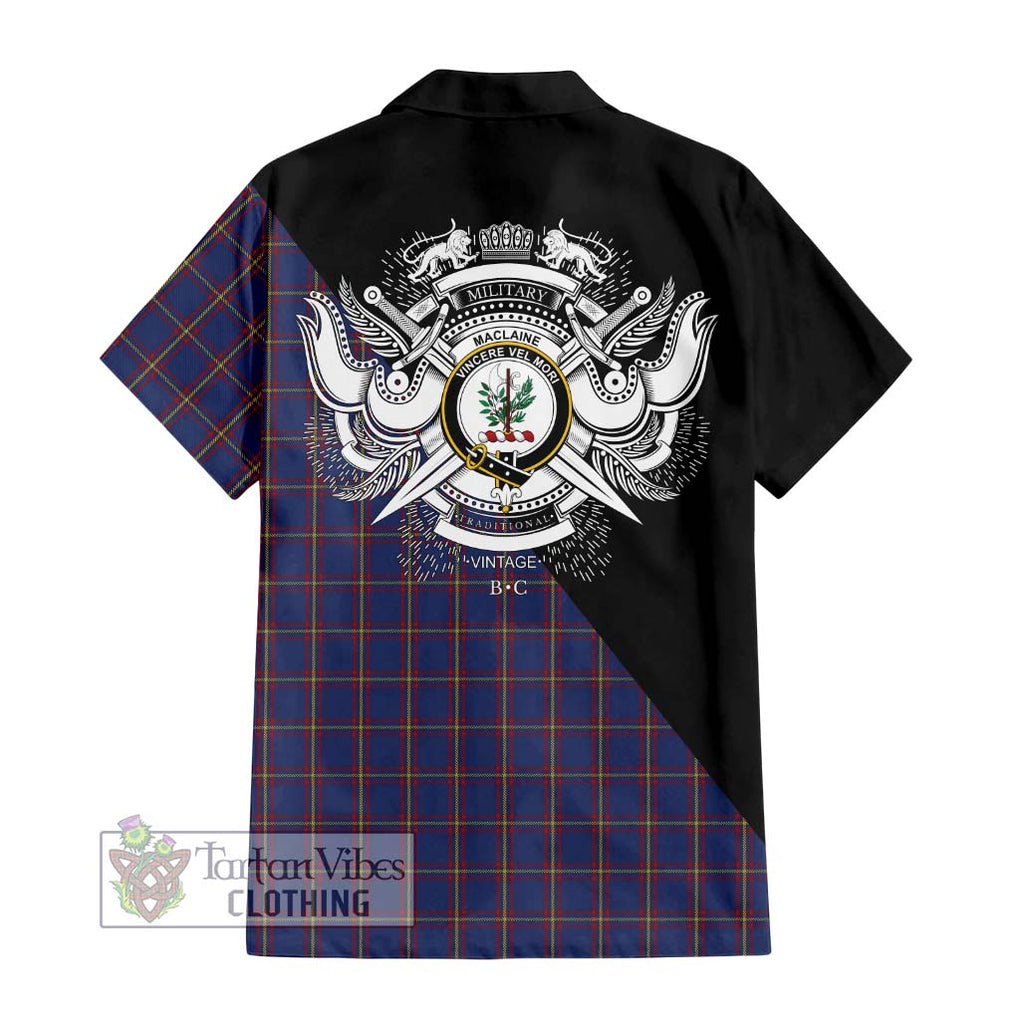 MacLaine of Lochbuie Tartan Short Sleeve Button Shirt with Family Crest and Military Logo Style - Tartanvibesclothing Shop