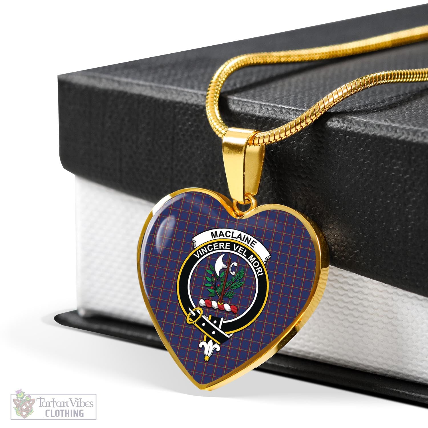 Tartan Vibes Clothing MacLaine of Lochbuie Tartan Heart Necklace with Family Crest