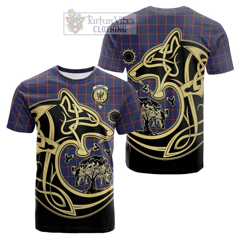 Tartan Vibes Clothing MacLaine of Lochbuie Tartan Cotton T-shirt with Family Crest Celtic Wolf Style