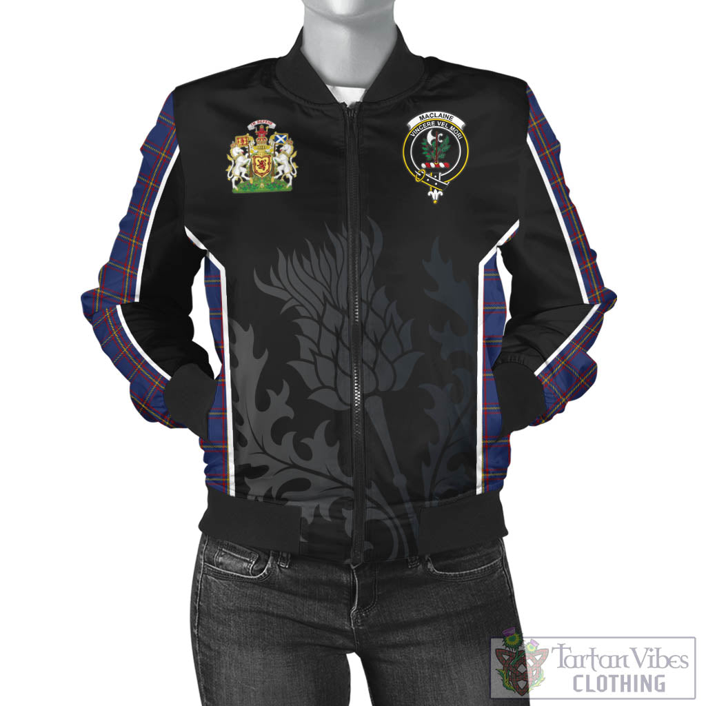 Tartan Vibes Clothing MacLaine of Lochbuie Tartan Bomber Jacket with Family Crest and Scottish Thistle Vibes Sport Style