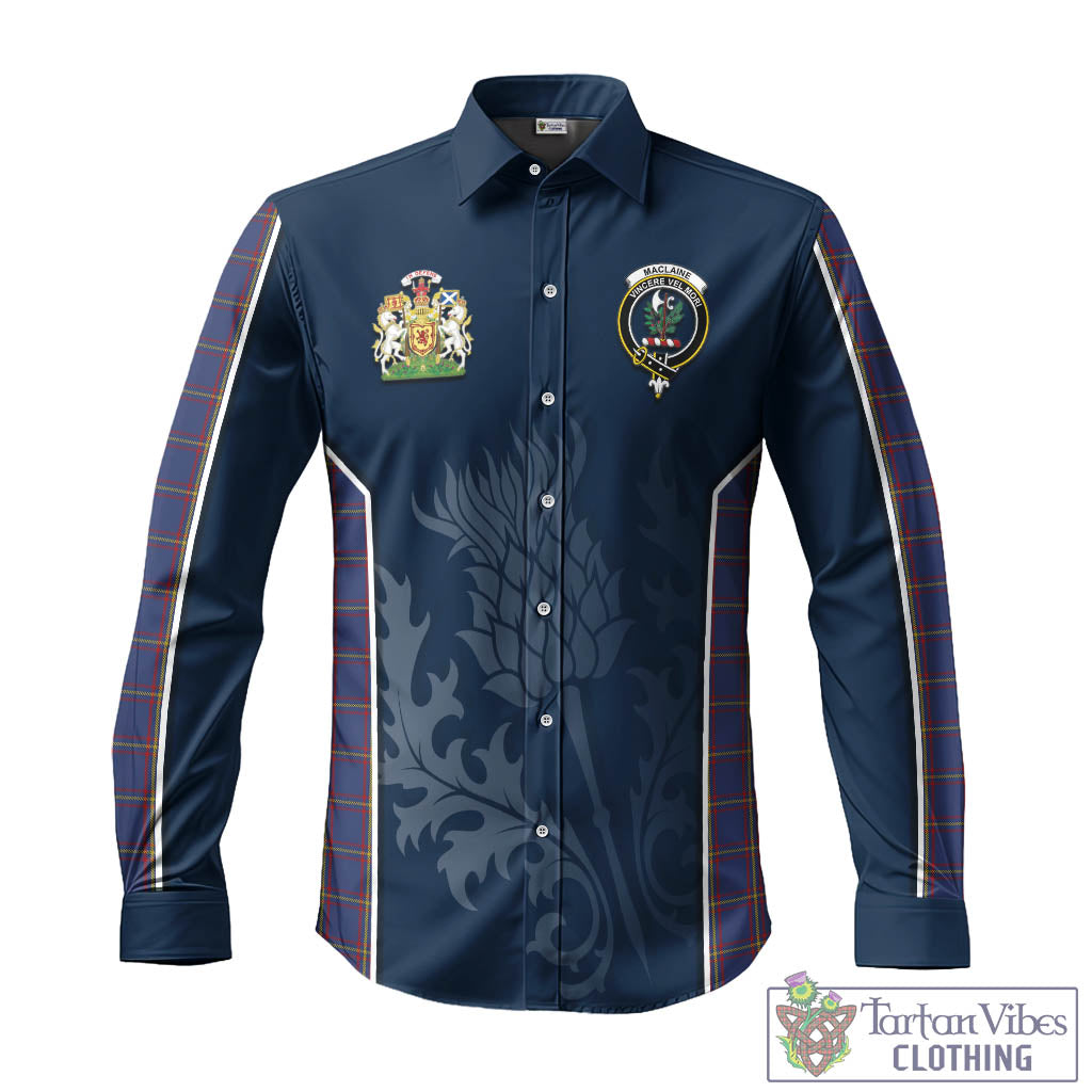 Tartan Vibes Clothing MacLaine of Lochbuie Tartan Long Sleeve Button Up Shirt with Family Crest and Scottish Thistle Vibes Sport Style