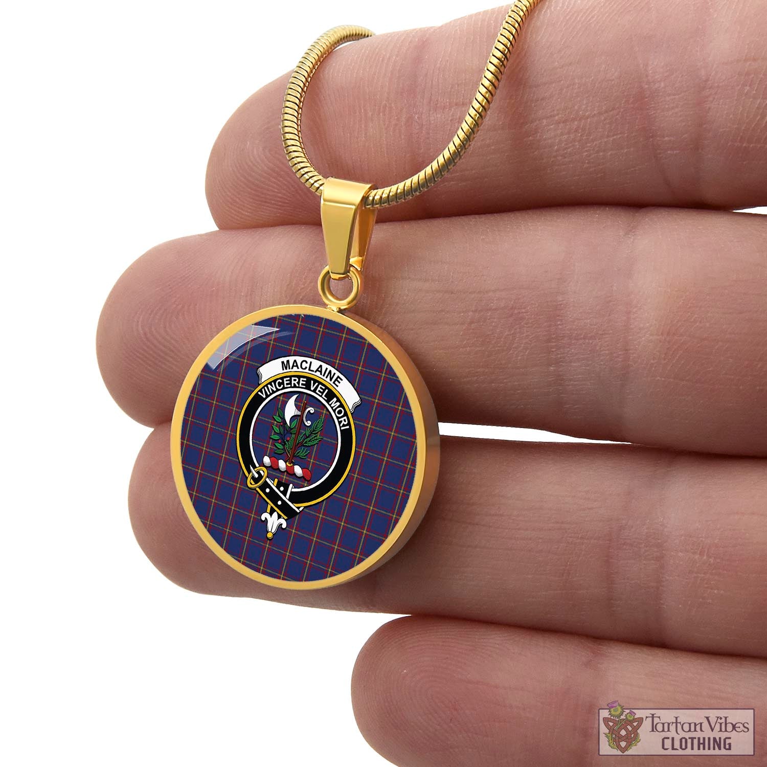 Tartan Vibes Clothing MacLaine of Lochbuie Tartan Circle Necklace with Family Crest