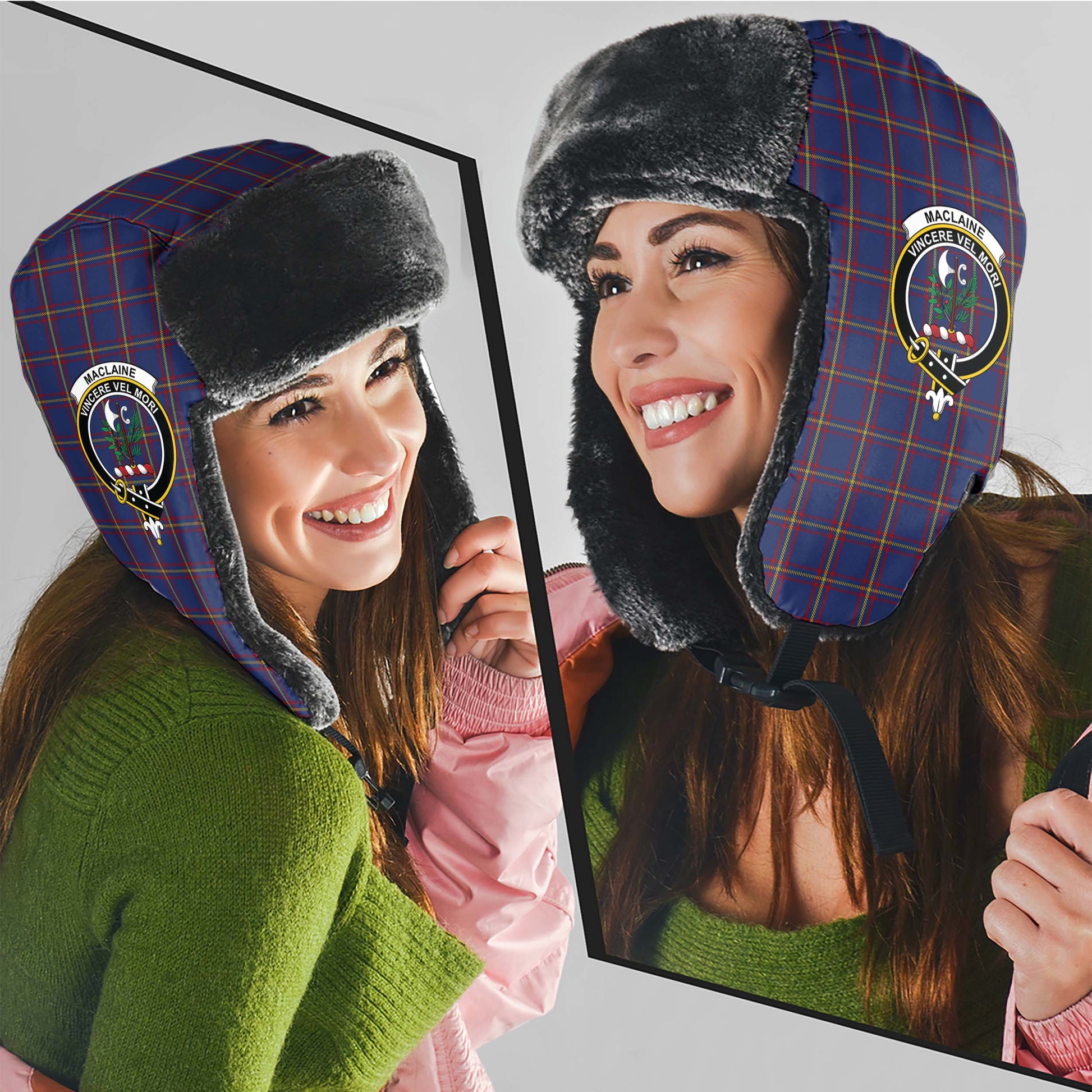 MacLaine of Lochbuie Tartan Winter Trapper Hat with Family Crest - Tartanvibesclothing