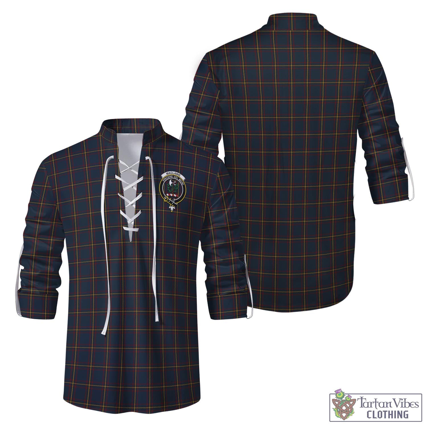 Tartan Vibes Clothing MacLaine of Lochbuie Hunting Tartan Men's Scottish Traditional Jacobite Ghillie Kilt Shirt with Family Crest