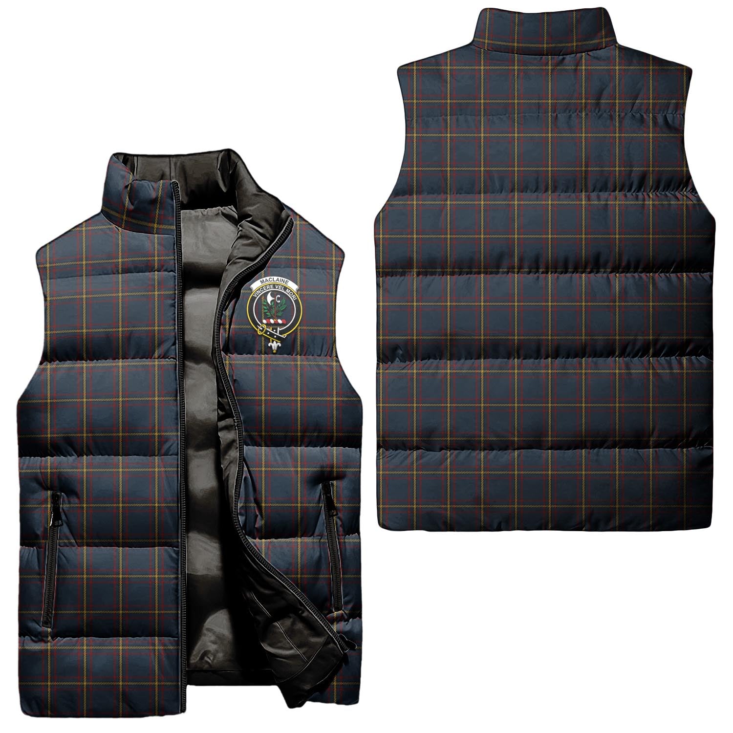 MacLaine of Lochbuie Hunting Tartan Sleeveless Puffer Jacket with Family Crest Unisex - Tartanvibesclothing