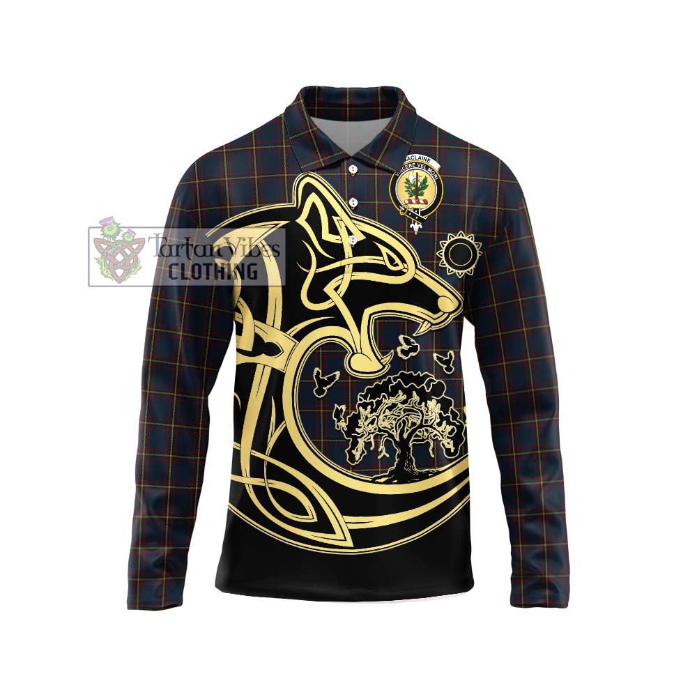 MacLaine of Lochbuie Hunting Tartan Long Sleeve Polo Shirt with Family Crest Celtic Wolf Style Unisex - Tartanvibesclothing Shop