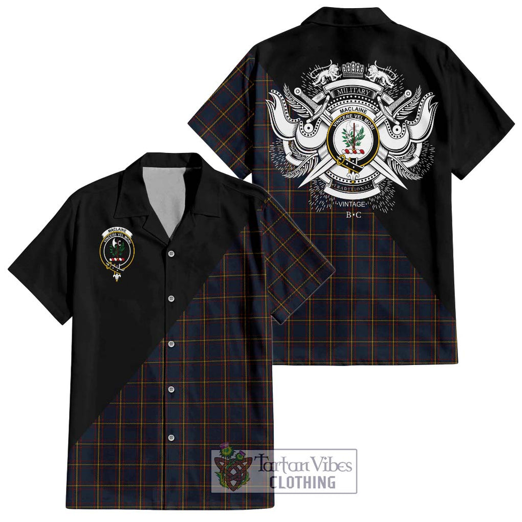 MacLaine of Lochbuie Hunting Tartan Short Sleeve Button Shirt with Family Crest and Military Logo Style Kid - Tartanvibesclothing Shop