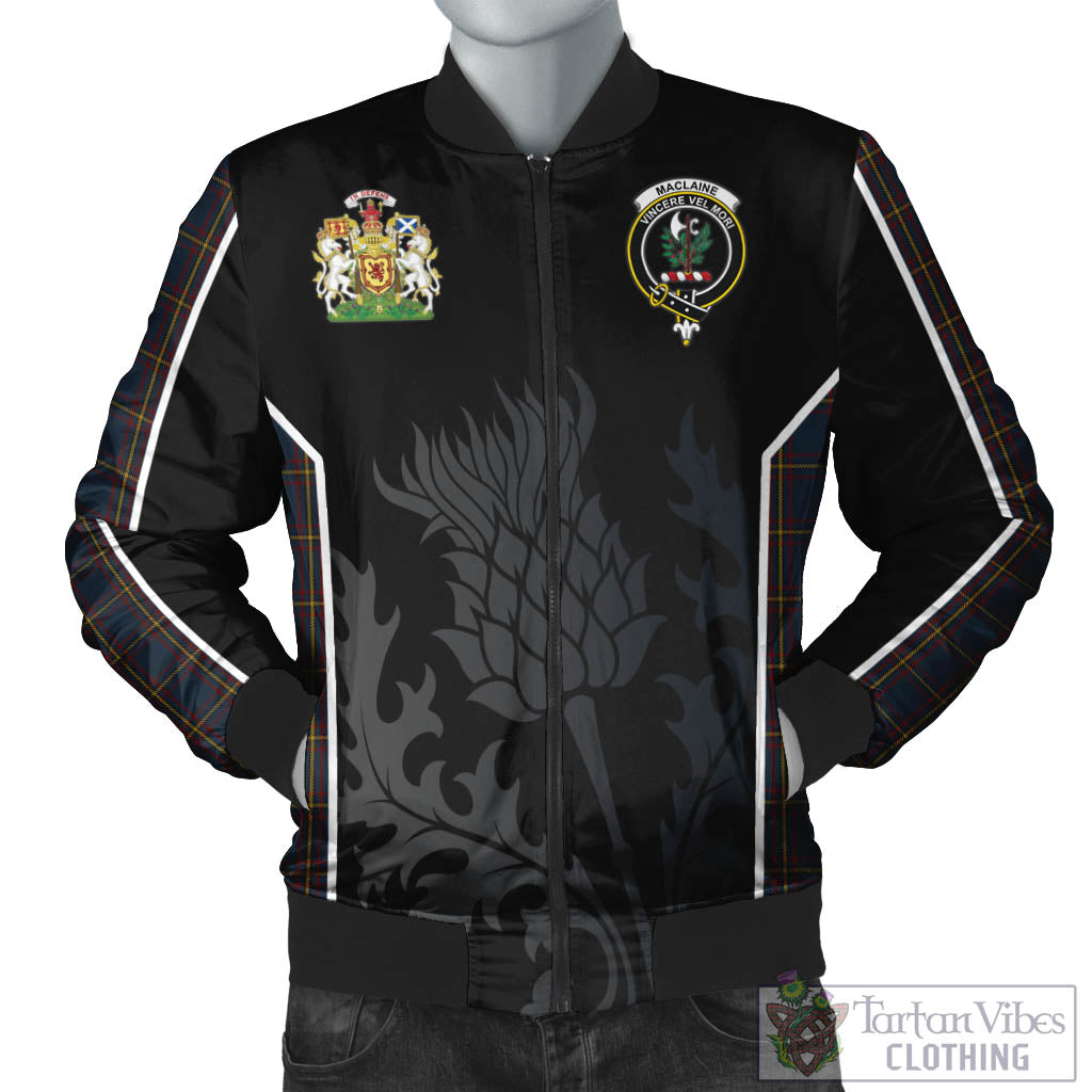 Tartan Vibes Clothing MacLaine of Lochbuie Hunting Tartan Bomber Jacket with Family Crest and Scottish Thistle Vibes Sport Style