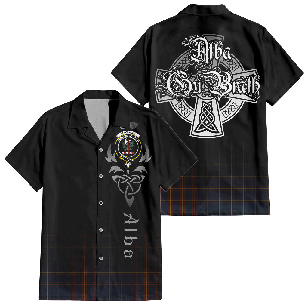 Tartan Vibes Clothing MacLaine of Lochbuie Hunting Tartan Short Sleeve Button Up Featuring Alba Gu Brath Family Crest Celtic Inspired