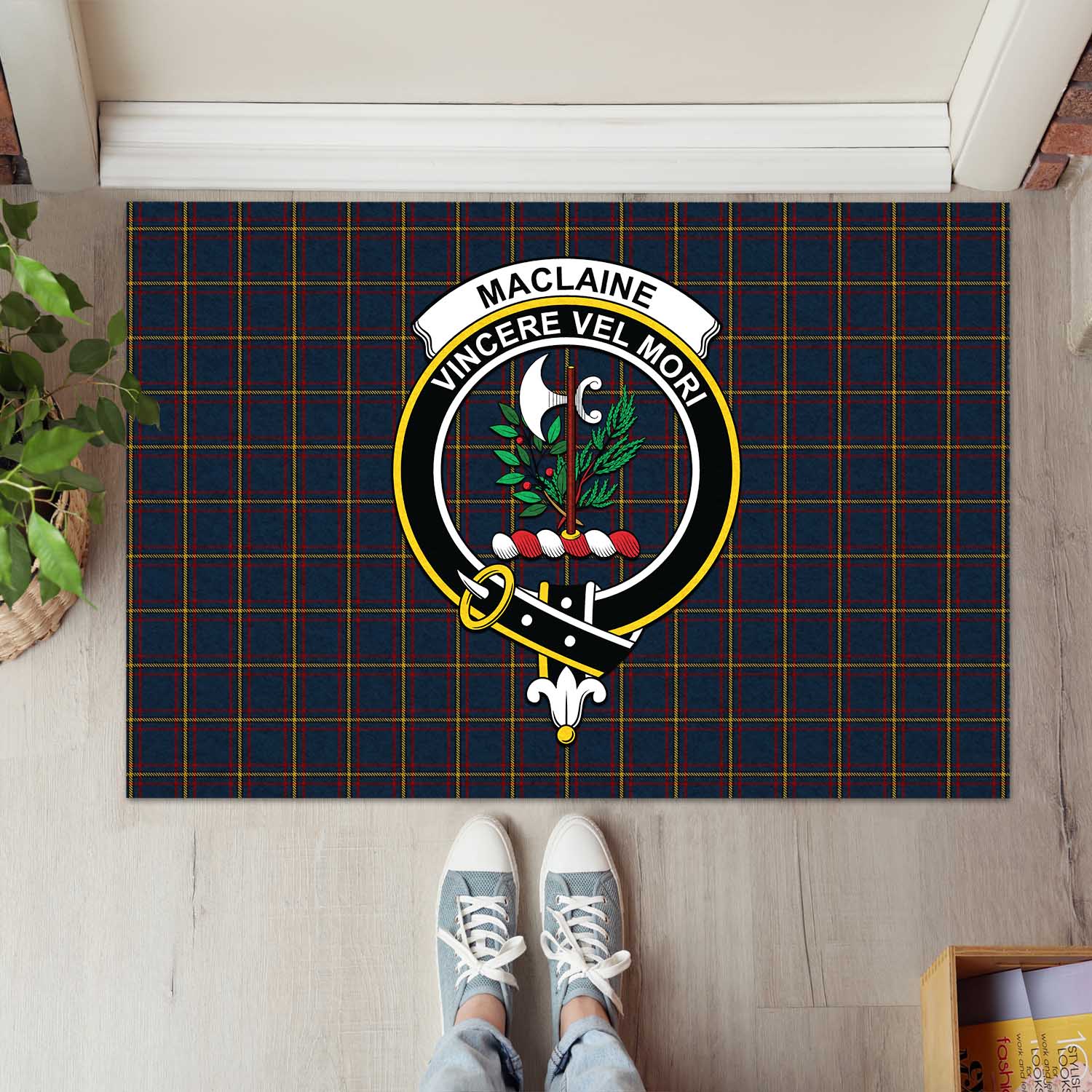 MacLaine of Lochbuie Hunting Tartan Door Mat with Family Crest - Tartanvibesclothing