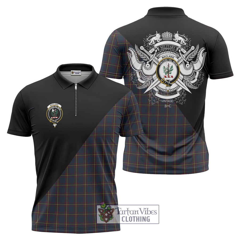 MacLaine of Lochbuie Hunting Tartan Zipper Polo Shirt with Family Crest and Military Logo Style Unisex - Tartanvibesclothing Shop