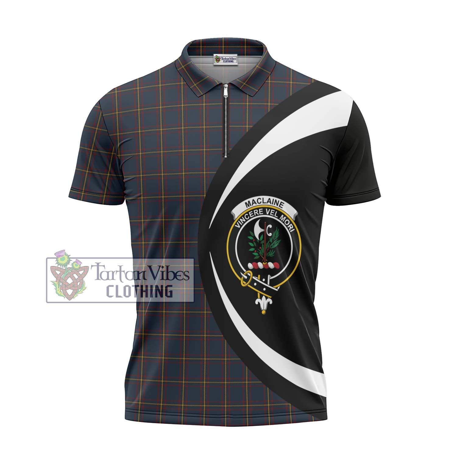 Tartan Vibes Clothing MacLaine of Lochbuie Hunting Tartan Zipper Polo Shirt with Family Crest Circle Style