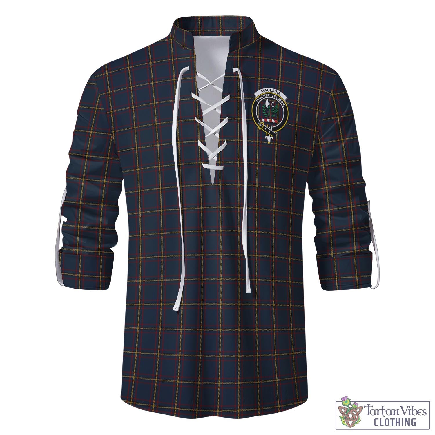 Tartan Vibes Clothing MacLaine of Lochbuie Hunting Tartan Men's Scottish Traditional Jacobite Ghillie Kilt Shirt with Family Crest