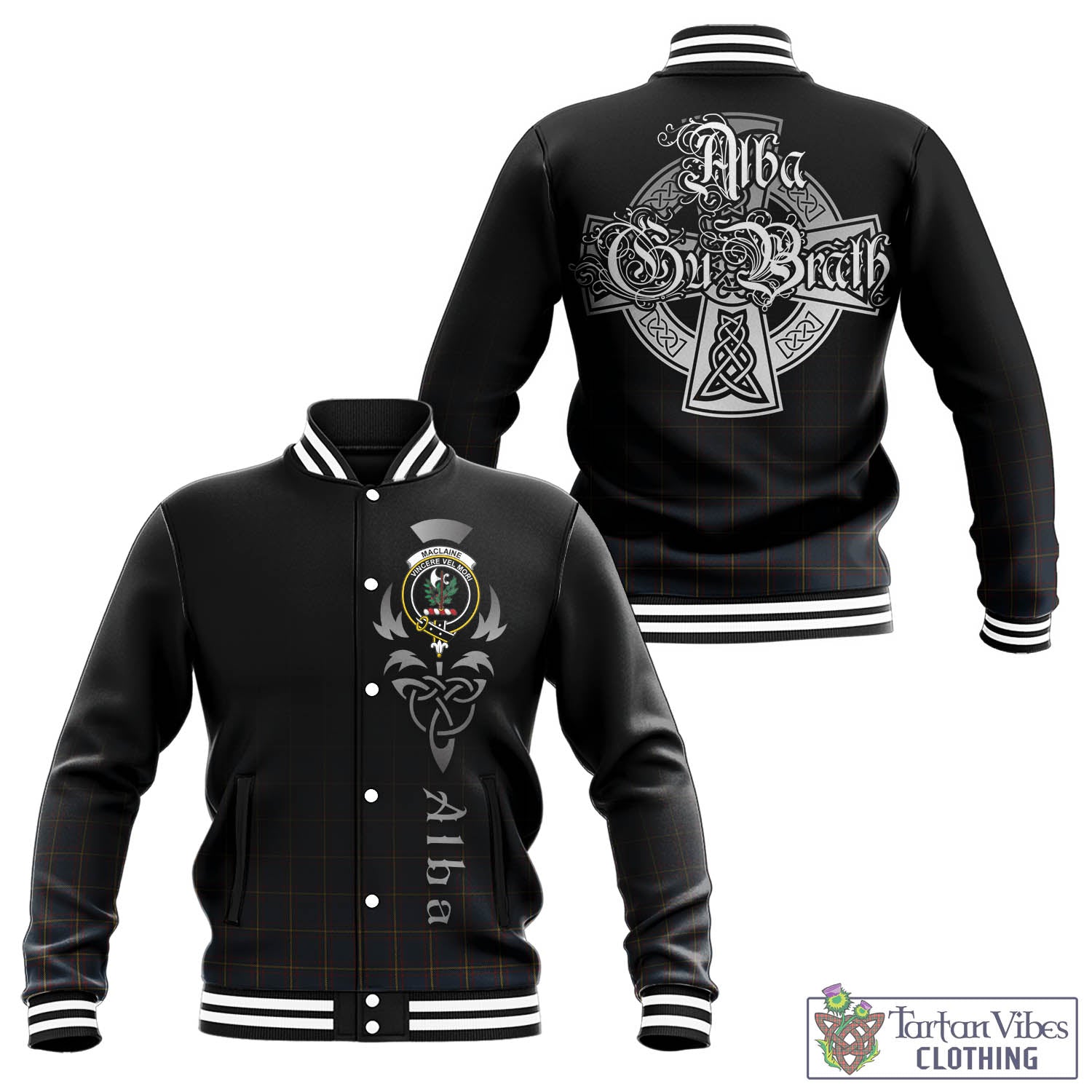 Tartan Vibes Clothing MacLaine of Lochbuie Hunting Tartan Baseball Jacket Featuring Alba Gu Brath Family Crest Celtic Inspired