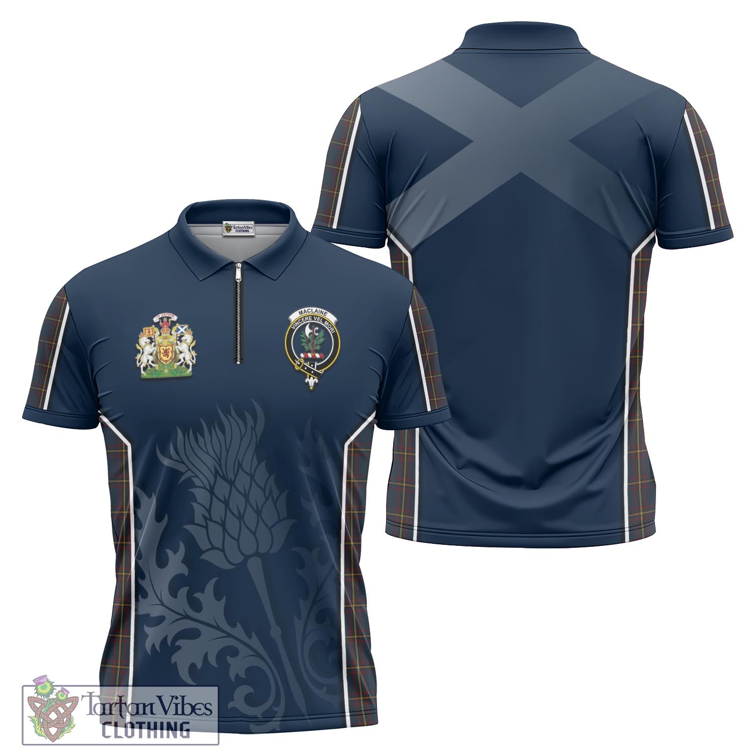 Tartan Vibes Clothing MacLaine of Lochbuie Hunting Tartan Zipper Polo Shirt with Family Crest and Scottish Thistle Vibes Sport Style