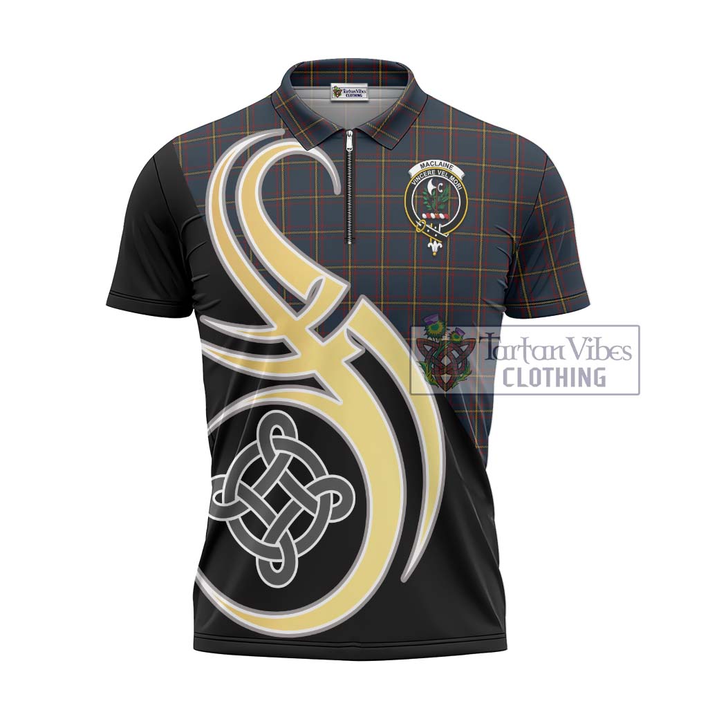 Tartan Vibes Clothing MacLaine of Lochbuie Hunting Tartan Zipper Polo Shirt with Family Crest and Celtic Symbol Style