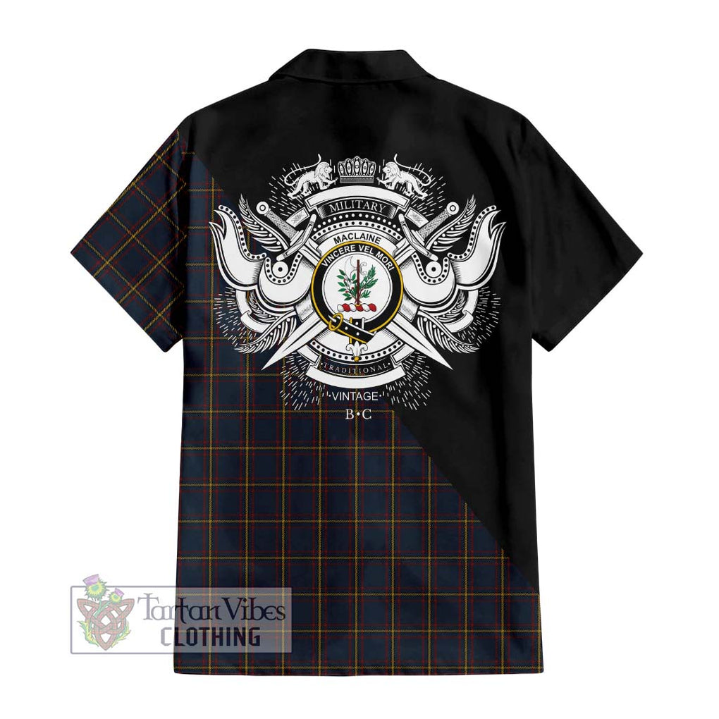 MacLaine of Lochbuie Hunting Tartan Short Sleeve Button Shirt with Family Crest and Military Logo Style - Tartanvibesclothing Shop