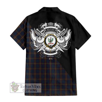 MacLaine of Lochbuie Hunting Tartan Short Sleeve Button Shirt with Family Crest and Military Logo Style