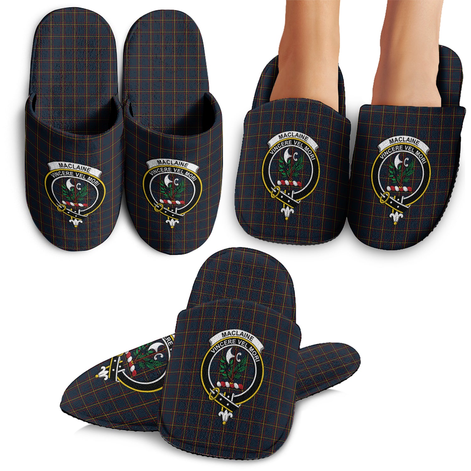 MacLaine of Lochbuie Hunting Tartan Home Slippers with Family Crest - Tartanvibesclothing