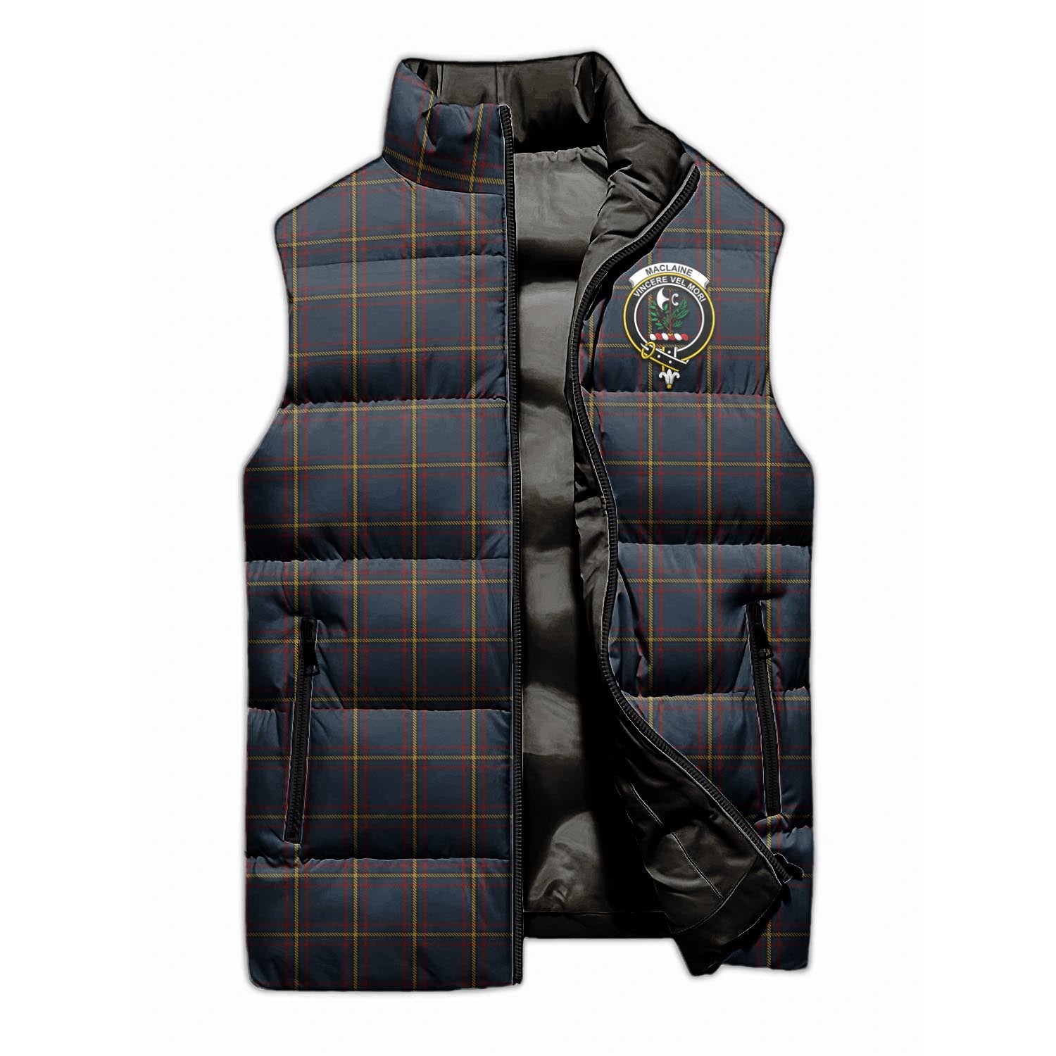 MacLaine of Lochbuie Hunting Tartan Sleeveless Puffer Jacket with Family Crest - Tartanvibesclothing