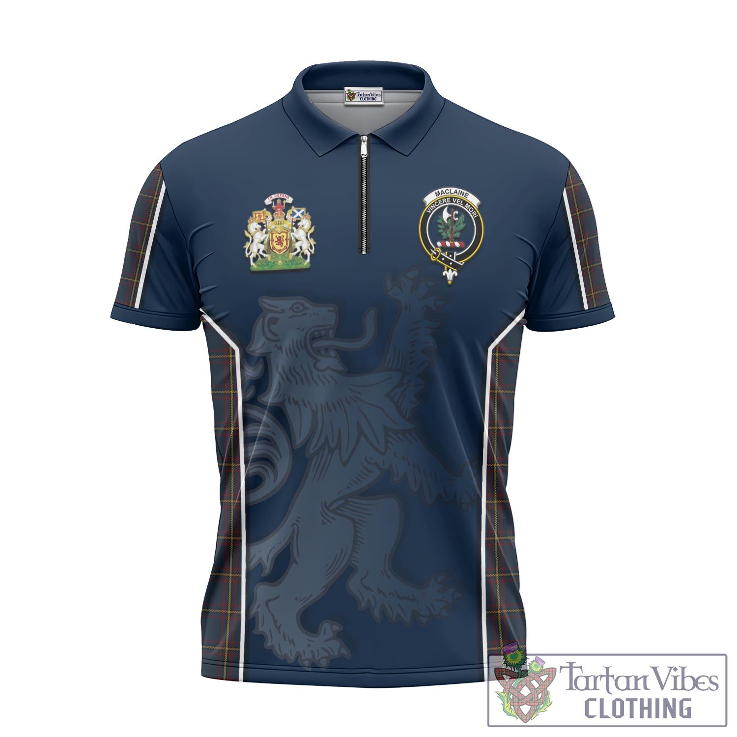 Tartan Vibes Clothing MacLaine of Lochbuie Hunting Tartan Zipper Polo Shirt with Family Crest and Lion Rampant Vibes Sport Style