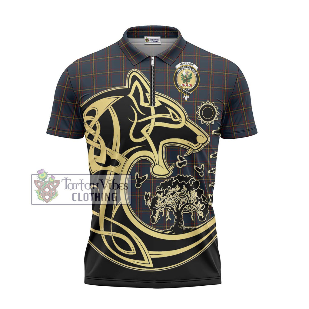 MacLaine of Lochbuie Hunting Tartan Zipper Polo Shirt with Family Crest Celtic Wolf Style - Tartanvibesclothing Shop