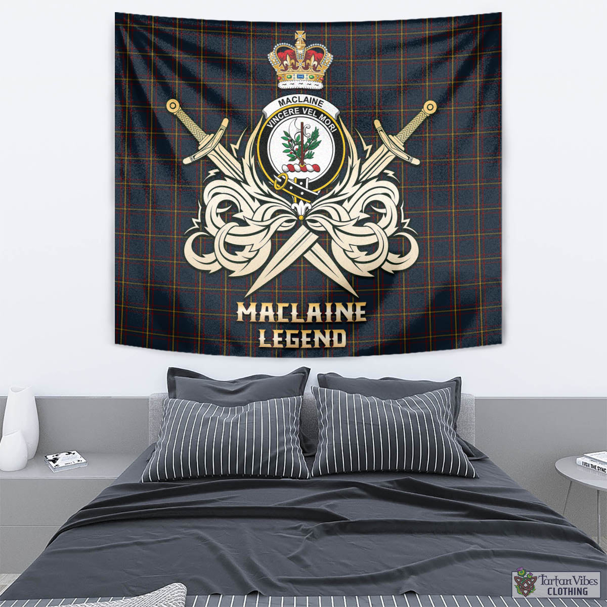 Tartan Vibes Clothing MacLaine of Lochbuie Hunting Tartan Tapestry with Clan Crest and the Golden Sword of Courageous Legacy